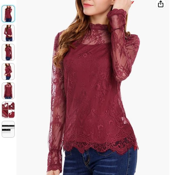 Burgundy Lace Long Sleeve Layered Blouse, XL - Picture 5 of 6